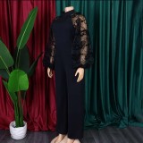 Plus Size Women Loose Patchwork Puff Sleeve Wide Leg Jumpsuit with Belt