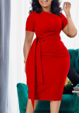 African Women Summer Short Sleeve Pleated Lace-Up Slash Shoulder Dress