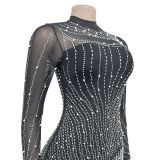 Fashion Ladies Long Sleeve Beaded Mesh See-Through Dress