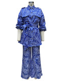 Spring Women's Printed Blouse Belt Button Top Straight Leg Trousers Set