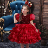 Girls Dress Princess Dress Puff Sleeve Sequins Puff Mesh Skirt Children's Day Dance Costume