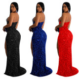 Women's Fashion Solid Color Beaded Sequin Sleeveless Maxi Dress