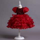 Girls Dress Princess Dress Puff Sleeve Sequins Puff Mesh Skirt Children's Day Dance Costume