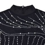 Fashion Ladies Long Sleeve Beaded Mesh See-Through Dress