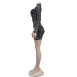 Fashion Ladies Long Sleeve Beaded Mesh See-Through Dress