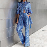 Spring Women's Printed Blouse Belt Button Top Straight Leg Trousers Set