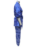 Spring Women's Printed Blouse Belt Button Top Straight Leg Trousers Set