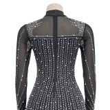 Fashion Ladies Long Sleeve Beaded Mesh See-Through Dress