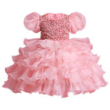 Girls Dress Princess Dress Puff Sleeve Sequins Puff Mesh Skirt Children's Day Dance Costume