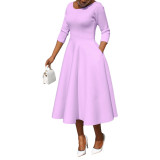 Ladies Spring Solid Color U-Neck Pocket Swing Dress