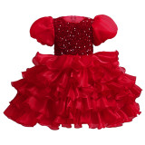 Girls Dress Princess Dress Puff Sleeve Sequins Puff Mesh Skirt Children's Day Dance Costume
