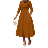 Ladies Spring Solid Color U-Neck Pocket Swing Dress