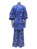 Spring Women's Printed Blouse Belt Button Top Straight Leg Trousers Set