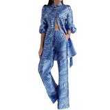 Spring Women's Printed Blouse Belt Button Top Straight Leg Trousers Set