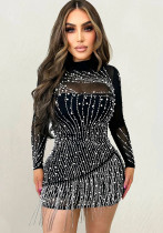 Fashion Ladies Long Sleeve Beaded Mesh See-Through Dress