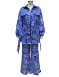 Spring Women's Printed Blouse Belt Button Top Straight Leg Trousers Set