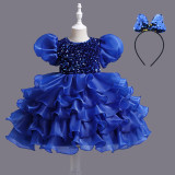 Girls Dress Princess Dress Puff Sleeve Sequins Puff Mesh Skirt Children's Day Dance Costume