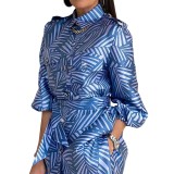 Spring Women's Printed Blouse Belt Button Top Straight Leg Trousers Set