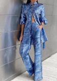 Spring Women's Printed Blouse Belt Button Top Straight Leg Trousers Set