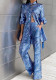 Spring Women's Printed Blouse Belt Button Top Straight Leg Trousers Set