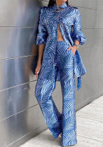 Spring Women's Printed Blouse Belt Button Top Straight Leg Trousers Set Spring Women's Printed Blouse Belt Button Top Straight Leg Trousers Set