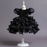 Girls Dress Princess Dress Puff Sleeve Sequins Puff Mesh Skirt Children's Day Dance Costume