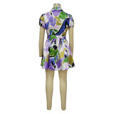 Women's Summer Sexy V-Neck Slim Waist Short Sleeve Printed Dress