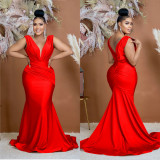Women Solid V-Neck Sleeveless Pleated Maxi Dress