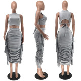Women Solid Ruffle Crop Tank Top and Skirt Two-Piece Set