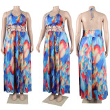 Women Print Cutout Halter Neck Lace-Up Slit Dress