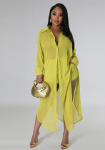 Women See-Through Solidchiffon Long Shirt and Shorts Two-Piece Set