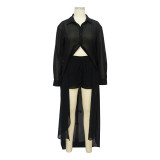 Women See-Through Solidchiffon Long Shirt and Shorts Two-Piece Set