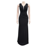 Women Solid V-Neck Sleeveless Pleated Maxi Dress