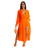 Women See-Through Solidchiffon Long Shirt and Shorts Two-Piece Set