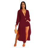 Women See-Through Solidchiffon Long Shirt and Shorts Two-Piece Set