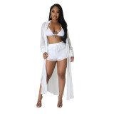 Women See-Through Solidchiffon Long Shirt and Shorts Two-Piece Set