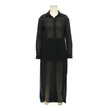 Women See-Through Solidchiffon Long Shirt and Shorts Two-Piece Set
