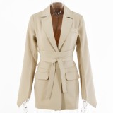 WomenCasual Solid Long Sleeve Lace-Up Belted Blazer