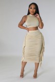 Women Solid Ruffle Crop Tank Top and Skirt Two-Piece Set