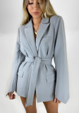 WomenCasual Solid Long Sleeve Lace-Up Belted Blazer