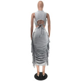 Women Solid Ruffle Crop Tank Top and Skirt Two-Piece Set