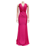 Women Solid V-Neck Sleeveless Pleated Maxi Dress