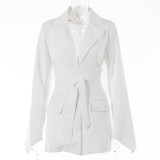 WomenCasual Solid Long Sleeve Lace-Up Belted Blazer