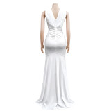 Women Solid V-Neck Sleeveless Pleated Maxi Dress