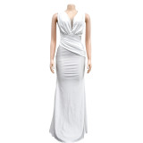 Women Solid V-Neck Sleeveless Pleated Maxi Dress