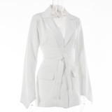 WomenCasual Solid Long Sleeve Lace-Up Belted Blazer