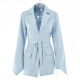 WomenCasual Solid Long Sleeve Lace-Up Belted Blazer