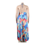 Women Print Cutout Halter Neck Lace-Up Slit Dress