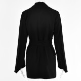 WomenCasual Solid Long Sleeve Lace-Up Belted Blazer
