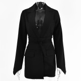 WomenCasual Solid Long Sleeve Lace-Up Belted Blazer
